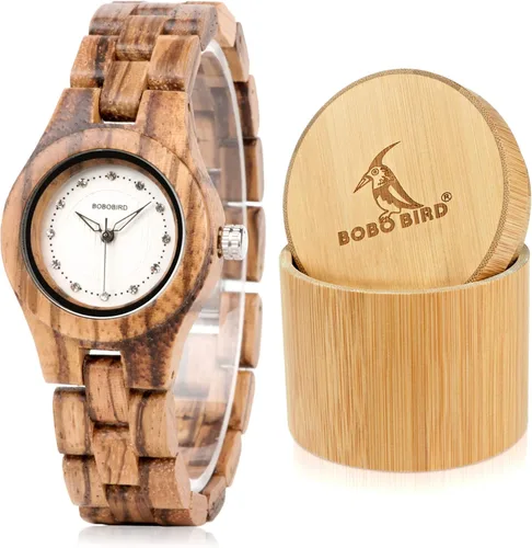 Vista 9 de BOBO Bird Reloj de madera de bambú para mujer, gemas de imitación de diamante, caballero, relojes de madera de cuarzo con caja de regalo