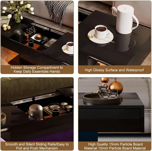 Vista 6 de HedoAjim - Mesa de café LED negra con almacenamiento para sala de estar, mesa de centro rectangular para sala de estar, mesas de café modernas