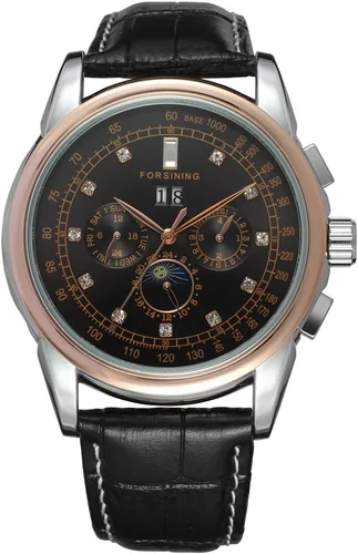 Vista 6 de FORSINING Reloj automático automático de fase lunar para hombre con correa de cuero negro analógico, Negro -, Moderno