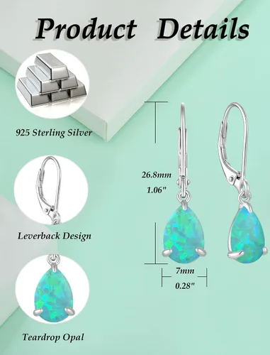 Vista 6 de Vesitim Opal Earrings for Women 925 Sterling Silver Teardrop Solitaire Dangle Drop Earring October Birthstone Jewelry Gift with Created Opal