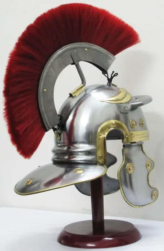 Vista 6 de Casco de caballero medieval centurión romano armadura guerrero metal rojo pluma con forro
