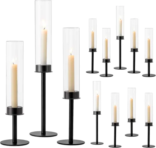 Vista 11 de Hewory Portavelas Negros Hurricane Portavelas de Velas, 3 Piezas Portavelas de Velas Candelabro, Portavelas Cónicos con Cubierta de Vela de Vidrio