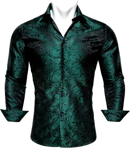 Vista 3 de Barry.Wang Camisas casuales para hombre, camisa de vestir de manga larga con estampado de cachemira de seda para fiesta de negocios, tejido