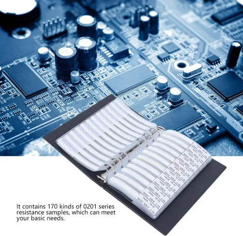 Vista 2 de Serie 0201 Resistores Sample Book Kit de resistencias 170 Resistencias de valor Componentes electrónicos Surtido Carpeta Valor de resistencia Rango
