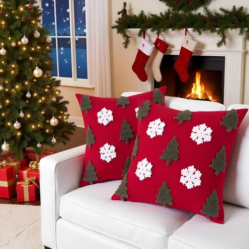 Vista 7 de Juego de 2 fundas de almohada acolchadas de Navidad de 20 x 20 pulgadas, árbol de Navidad rojo con copo de nieve, funda de almohada para fiesta