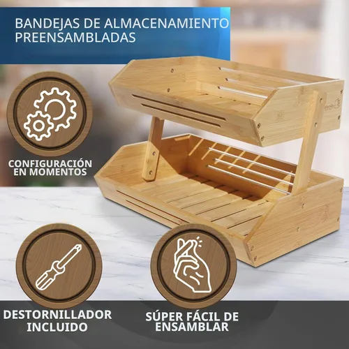 Vista 2 de Cesta de frutas de bambú de 2 niveles para encimera de cocina con ganchos para colgar plátanos, soporte de fruta de madera para encimera de cocina