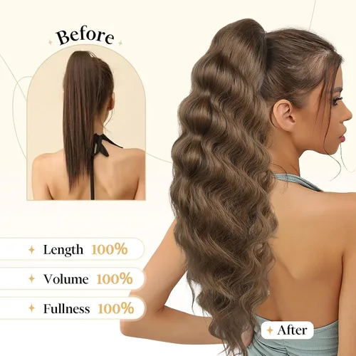 Vista 6 de Flufymooz Extensión de cola de caballo, 26 pulgadas, ondulado, con cordón, extensión de pelo largo, extensión de pelo sintético suave para mujer