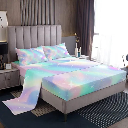 Vista 30 de Juego de sábana bajera ajustable de teñido anudado para niñas, juego de ropa de cama con diseño de arco iris degradado de arcoíris, lindo juego
