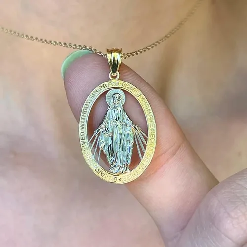 Vista 4 de JewelryWeb - Colgante grande con medalla milagrosa de oro bicolor de 14 quilates - 0.748 in x 1.280 in - Collar religioso para mujeres y hombres