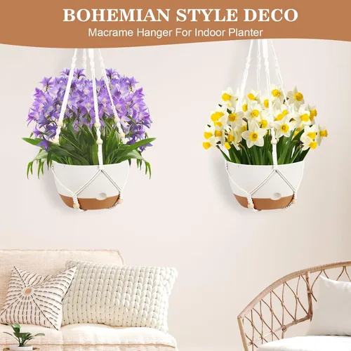 Vista 4 de Paquete de 3 macetas colgantes para plantas de interior, maceta colgante de riego automático de 10 + 10 + 8 pulgadas, colgador de plantas de macramé