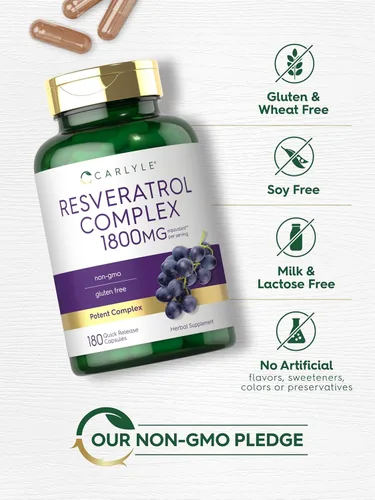 Vista 5 de Carlyle Suplemento de resveratrol 1800 mg 180 cápsulas Sin OMG y sin gluten Complejo potente
