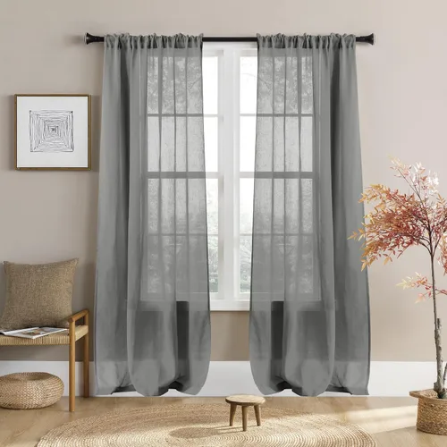 Vista 11 de Cortinas rústicas para ventana de cocina, cortinas de lino transparentes con bolsillo para barra para ventanas cortas, juego de 2 paneles, 42