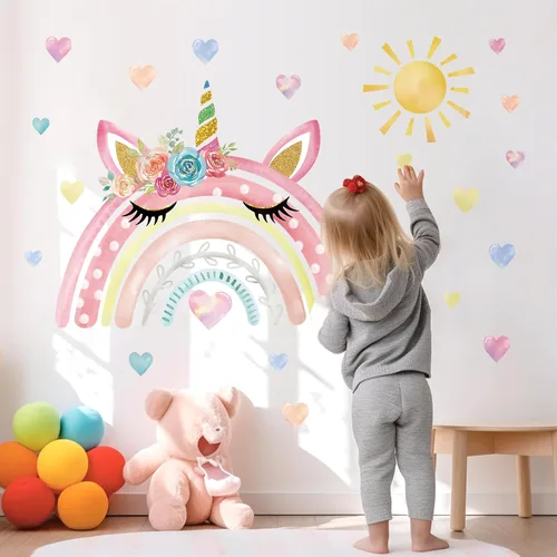 Vista 4 de wondever Calcomanías de pared de acuarela arco iris unicornio corazones sol