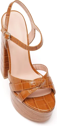 Vista 6 de Mettesally Sandalias de plataforma de tacón alto grueso para mujer, sandalias de punta abierta con correa en el tobillo, zapatos de vestir