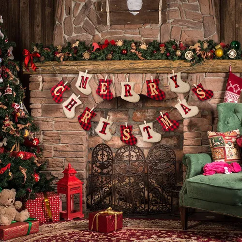 Vista 2 de Cartel de arpillera de Feliz Navidad, decoración navideña en forma de calcetín, decoración colgante para interiores y exteriores, decoraciones