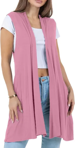 Vista 14 de Azules Cárdigan largo sin mangas para mujer con bolsillos, ligero frente abierto, capa elegante y fluida para el trabajo o uso casual
