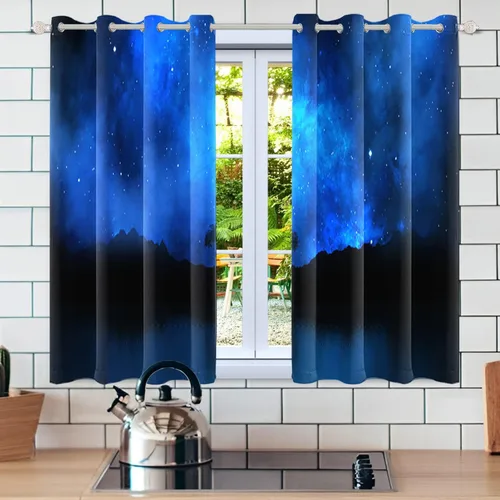 Vista 15 de Cortinas opacas de color azul marino para dormitorio de 84 pulgadas de largo con diseño de universo de dibujos animados, planeta, sala de estar