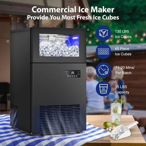 Vista 3 de Máquina de hielo comercial de 130 libras/24H con capacidad de hielo de 35 libras, máquina de hielo mejorada de 15 pulgadas de ancho bajo mostrador
