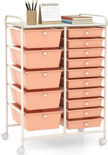 Vista 17 de LUARANE - Carrito rodante con 15 cajones, carrito de almacenamiento para manualidades con asas portátiles y ruedas con cerradura, organizador