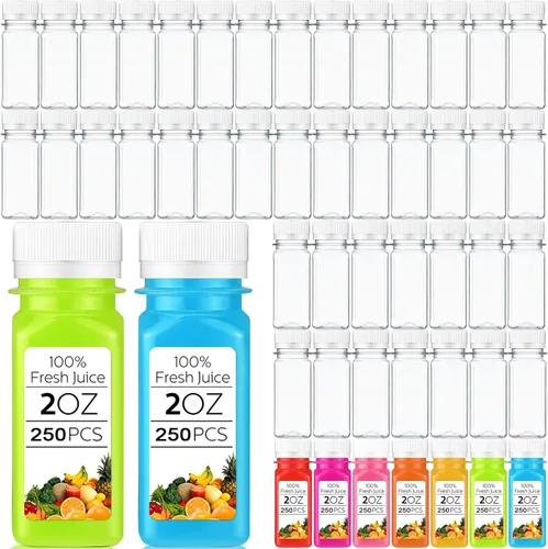Vista 9 de Sliner 200 botellas pequeñas de plástico de 2 onzas para jugo, botella de jugo de jengibre con tapas, recipiente reutilizable transparente