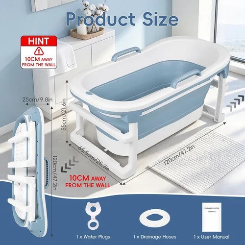 Vista 3 de Foldable Bathtub for Adults, Extra Large Insulated Soaking Tub Blue