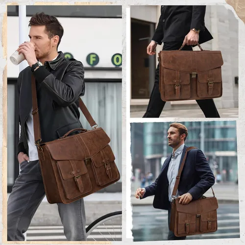 Vista 2 de RAINSMORE Bolsa de mensajero para hombre de 17 pulgadas, maletín para computadora portátil, impermeable, de cuero, para trabajo, oficina, viajes