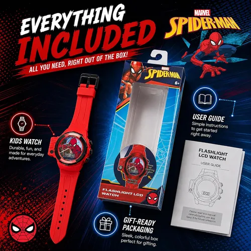 Vista 7 de Marvel Spider-Man Flashlight Watch for Kids – Light-Up Fun with LCD Display, LED Flashlight, and Durable Silicone Band