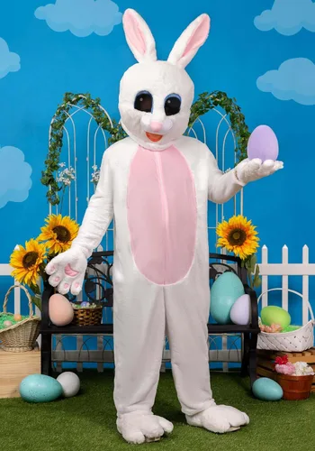 Vista 2 de Disfraz unisex de conejo de Pascua para adultos, disfraz de mascota de conejo blanco festivo para hombres y mujeres