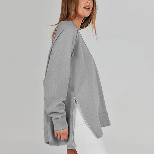 Vista 3 de Ceboyel Sudadera de gran tamaño para mujer, con abertura lateral, cuello en V, ajuste holgado, con cremallera, sudaderas con capucha, ropa
