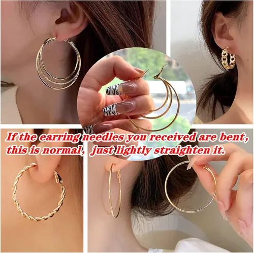 Vista 4 de 36 pares de aretes de aro dorados para mujeres y niñas, paquete múltiple de aretes de aro dorados gruesos, hipoalergénicos grandes y pequeños, juego