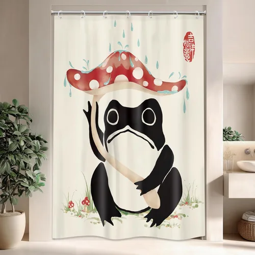 Vista 28 de Juego Divertido de Cortina de Rana Retro para Ducha, Juego de Baño 48x71 Pulgadas, Estilo Asiático Lindo, Arte Japonés Tradicional de Pato de Goma