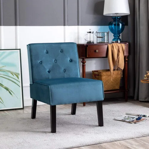 Vista 4 de Container Furniture Direct Reese - Silla moderna de mediados de siglo para sala de estar, sin brazos, con botones y patas de madera maciza, 2 azul