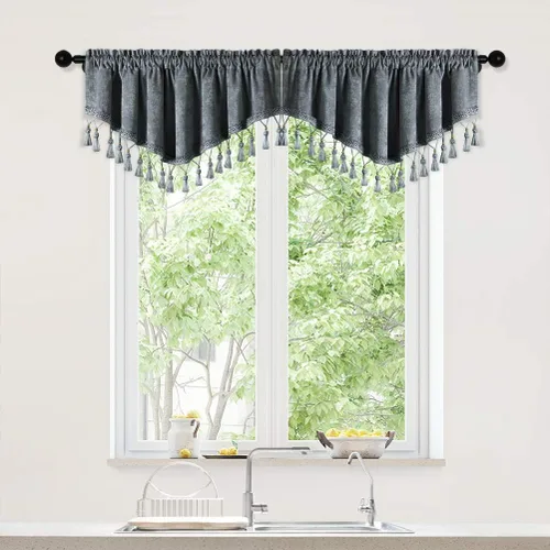 Vista 12 de ELKCA Cortinas de doble cara de felpilla para ventana de cocina, 52x18, bolsillo para barra, cenefa color beige para sala de estar, paquete de 1