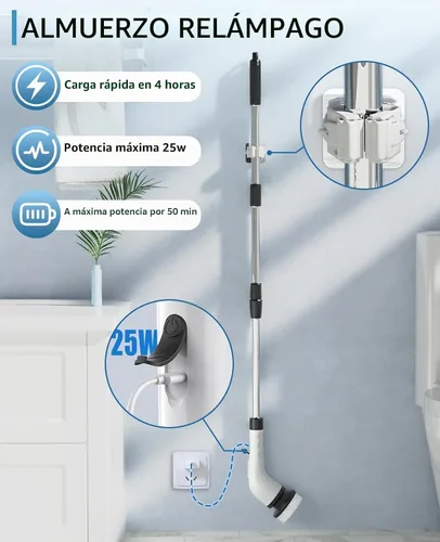 Vista 7 de Limpiador eléctrico giratorio inalámbrico – 3 velocidades recargable, mango ajustable y desmontable, cabezales de cepillo 9 en 1, cepillos