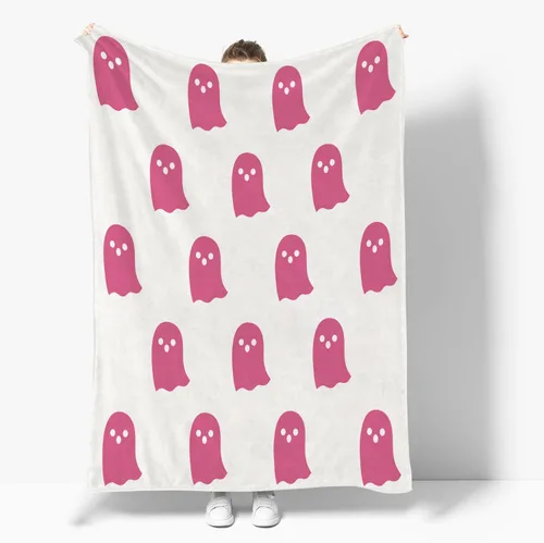 Vista 4 de Bonita manta de fantasma rosa de Halloween, decoración de habitación, manta estética para sofá cama, sofá, manta reversible de franela súper suave