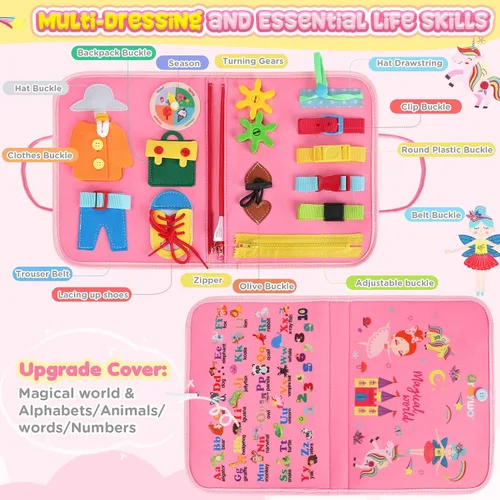 Vista 8 de URMYWO Tablero de actividades Montessori para niños de 1, 2, 3, 4 años, libro ocupado para actividades para niños con habilidades motoras finas, Rosa