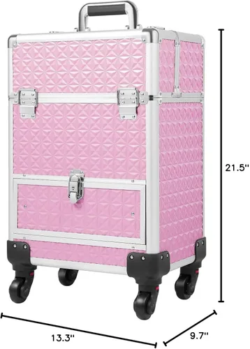 Vista 10 de Estuche de maquillaje con ruedas y mango telescópico, cajón con cerradura, estuche de maquillaje rodante, organizador de cosméticos, para estilista