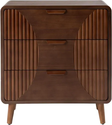 Vista 6 de HOMPUS Mesa auxiliar de 3 cajones, camisón marrón de 3 cajones, mesita de noche de madera de mediados de siglo, mesita de noche moderna