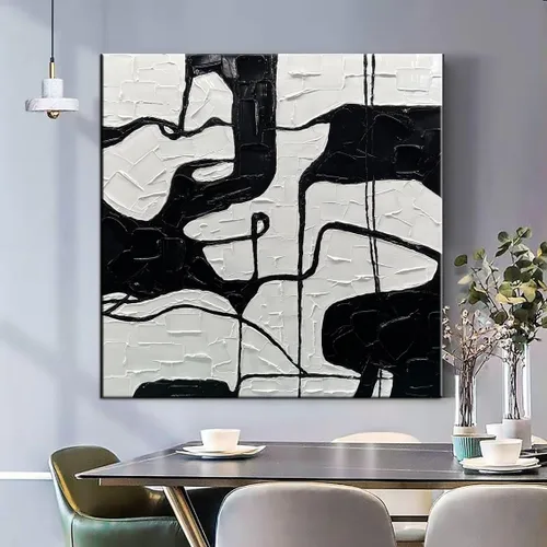 Vista 5 de YaSheng Art - Lienzo decorativo para pared en blanco y negro, pintado a mano con textura gruesa 3D, arte abstracto, pintura al óleo para sala