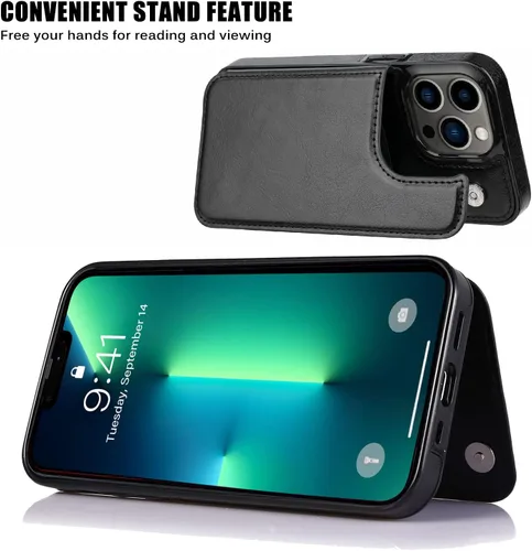 Vista 5 de Funda tipo cartera compatible con iPhone 13 Pro de 6.1 pulgadas, funda protectora delgada con tarjetero, piel sintética de alta calidad, ranuras
