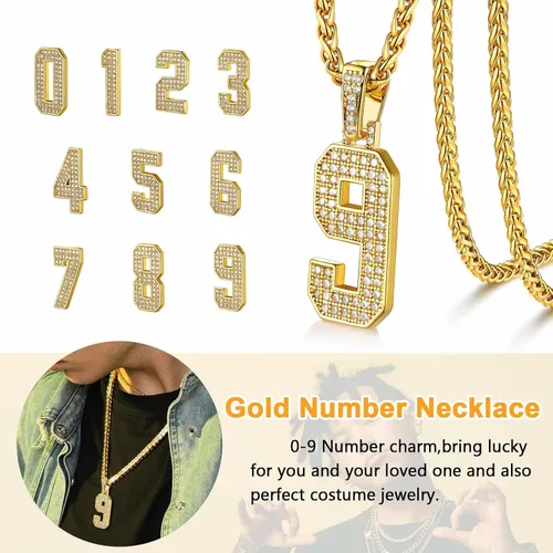 Vista 3 de U7 Initial Number Necklace for Men Women, 18K Gold Plated Bling CZ Iced Out Hip Hop Jersey Number Pendant A-Z 26 Letter Necklace, Number 0-9