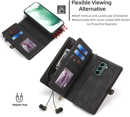 Vista 4 de Asuwish Funda de teléfono para Samsung Galaxy S22 Plus S22+ 5G con cremallera, funda desmontable con protector de pantalla y tarjetero de cuero