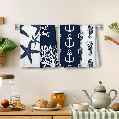Vista 5 de Toallas de mano náuticas de animales oceánicos para baño, playa y cocina - Juego de 4 paños de cocina azul marino costero de 16 x 24 pulgadas