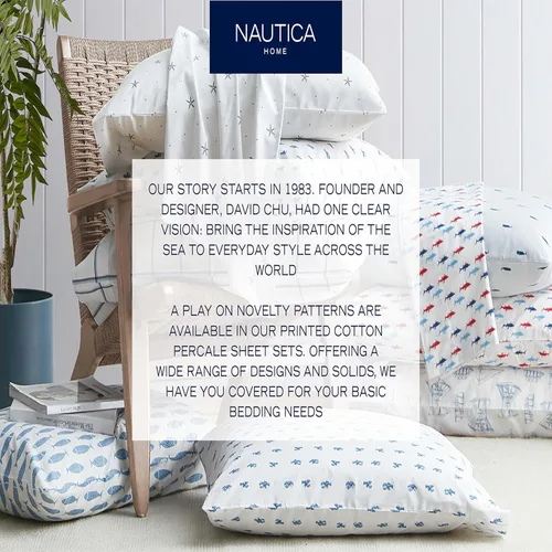 Vista 5 de Nautica - Juego de sábanas King, juego de ropa de cama de percal de algodón, fresco y nítido, liviano y transpirable (blanco, King)