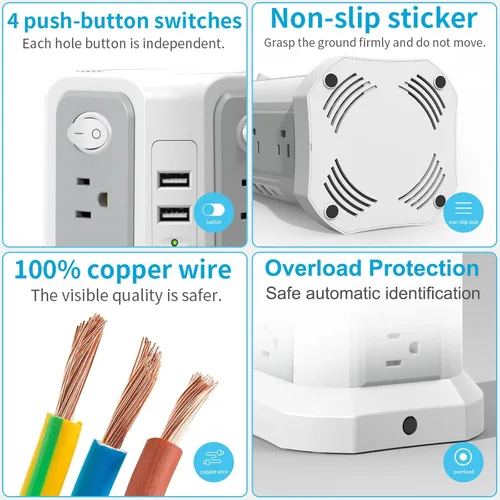Vista 6 de Torre de regleta de protección contra sobretensiones (13A 1625W) 10 pies con puerto USB C PD20W Extension Cord with 12 AC Mutiple Outlets, Power