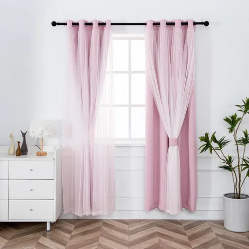 Vista 14 de INLINAS Cortinas opacas beige con superposición transparente, paneles térmicos y de reducción de ruido con ojales en la parte superior