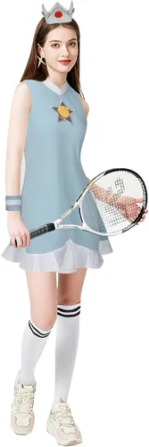 Vista 2 de Tappkice Vestido de princesa Rosalina azul para mujer, disfraz de cosplay con corona, vestido sin mangas, falda, traje deportivo de Halloween