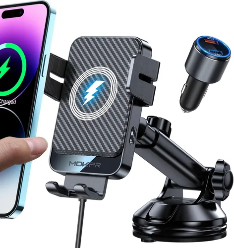 Vista 11 de Cargador inalámbrico para automóvil, MOKPR 15W carga rápida con sujeción automática, soporte de cargador para automóvil manos libres para tablero