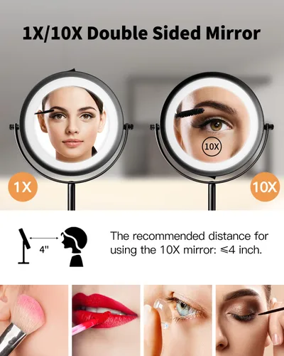 Vista 2 de Espejo de maquillaje LED con aumento 10X, espejo de pie de doble cara de 7 Negro