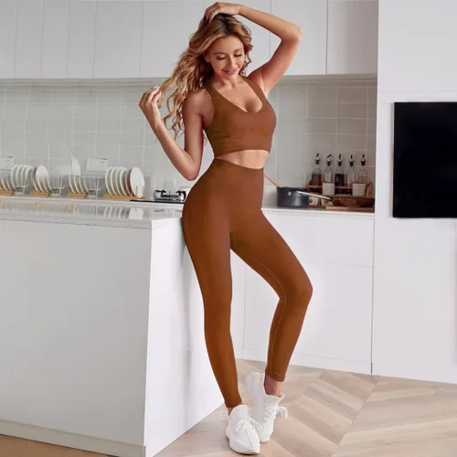 Vista 2 de DYD Conjuntos de entrenamiento para mujer, 2 piezas, sin costuras, espalda cruzada, brasier deportivo, cintura alta, yoga, gimnasio, leggings